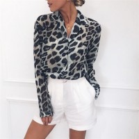 Long Sleeve Sexy Leopard Print Blouse Turn Down Collar Top Brown GRAY PINK White